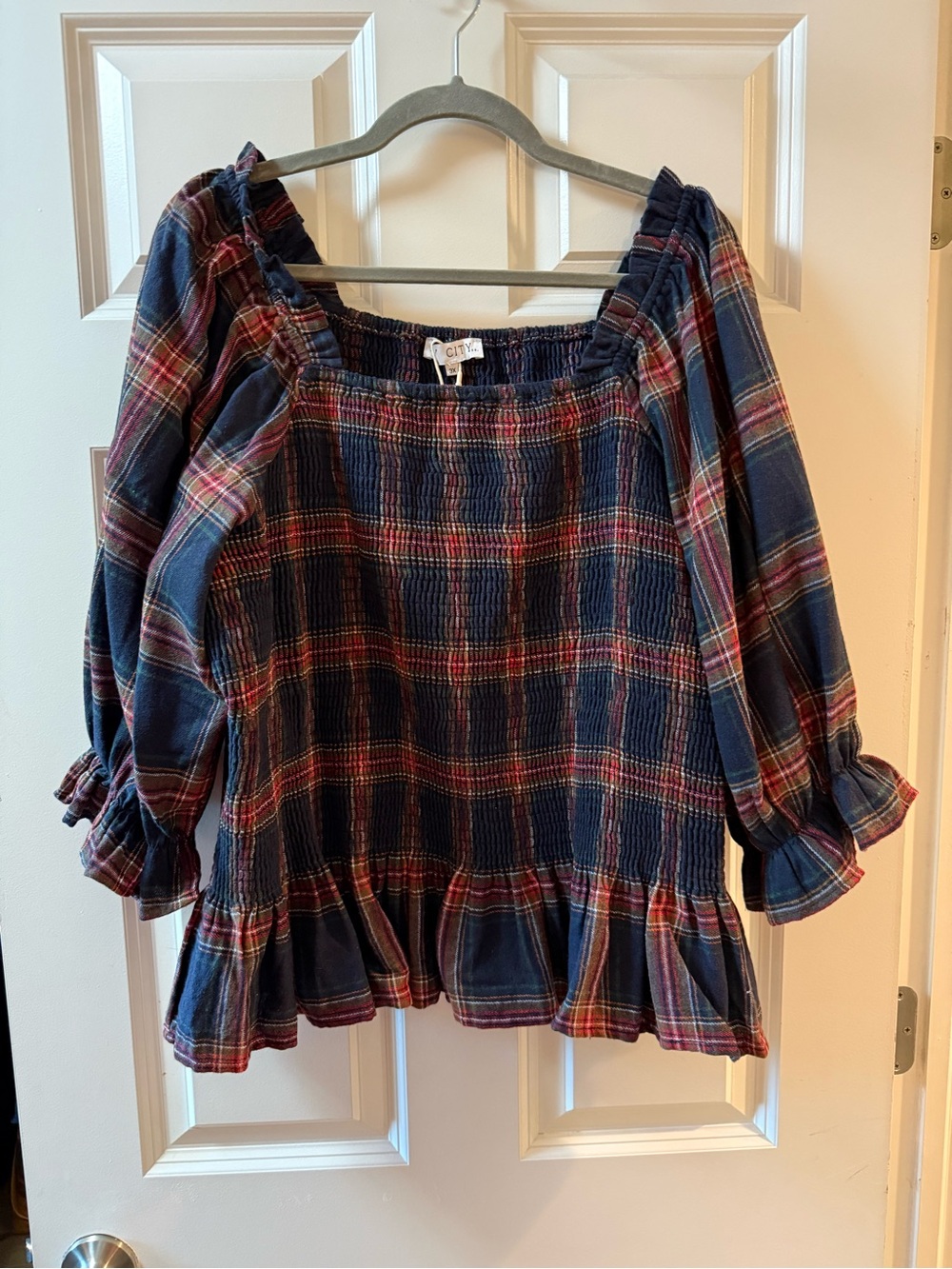 Ivy City Co Navy and Red Plaid Smocked Peasant Top